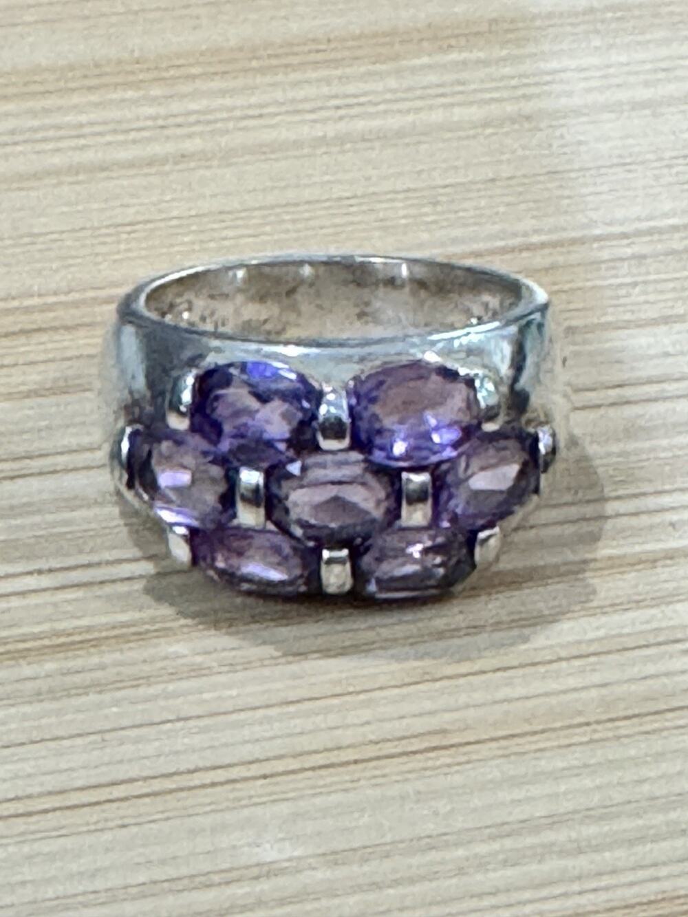 Vintage Sterling Silver 9 Stone Natural Amethyst Cluster Ring Size 6 Wide Band